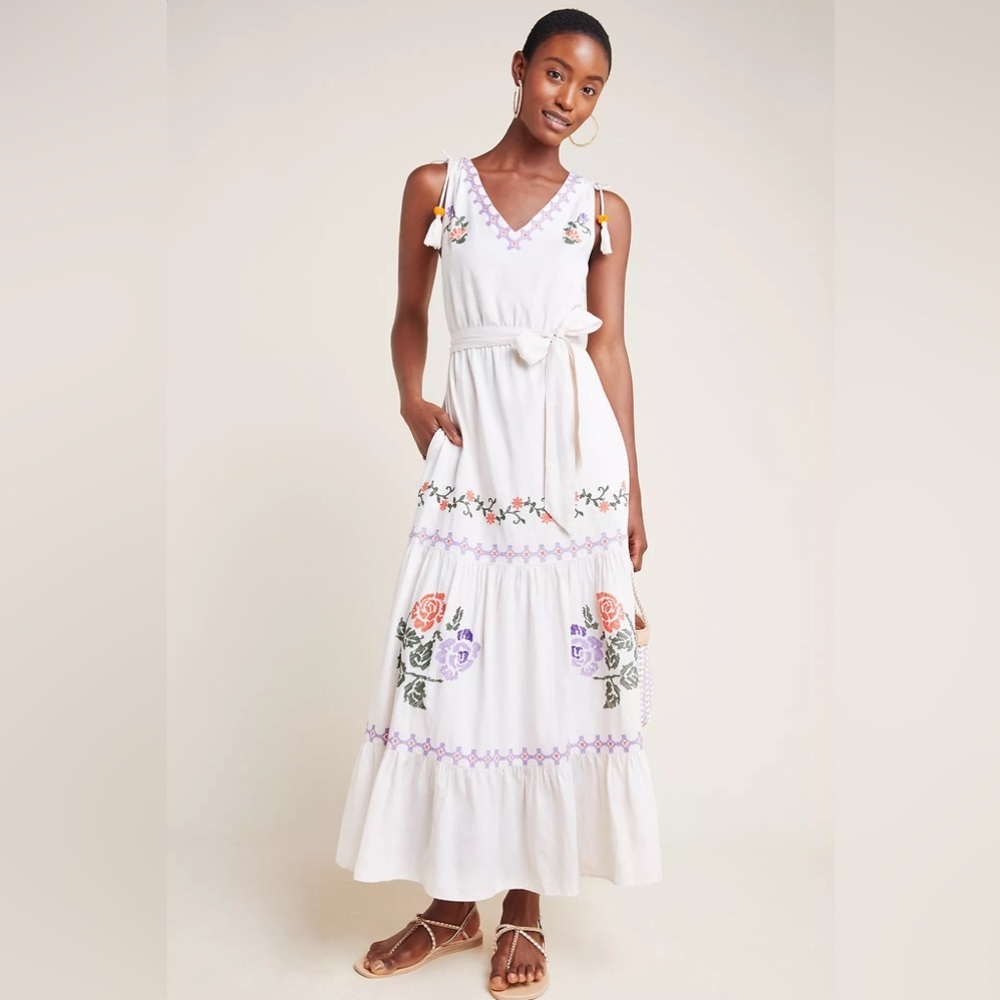 Anthropologie Athena Embroidered Floral Maxi Dress Size Small Cottagecore‎